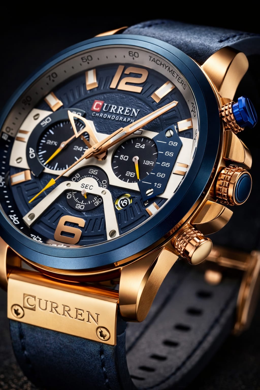 Relógio Curren Masculino Cronógrafo Azul e Dourado – Presença que Se Impõe