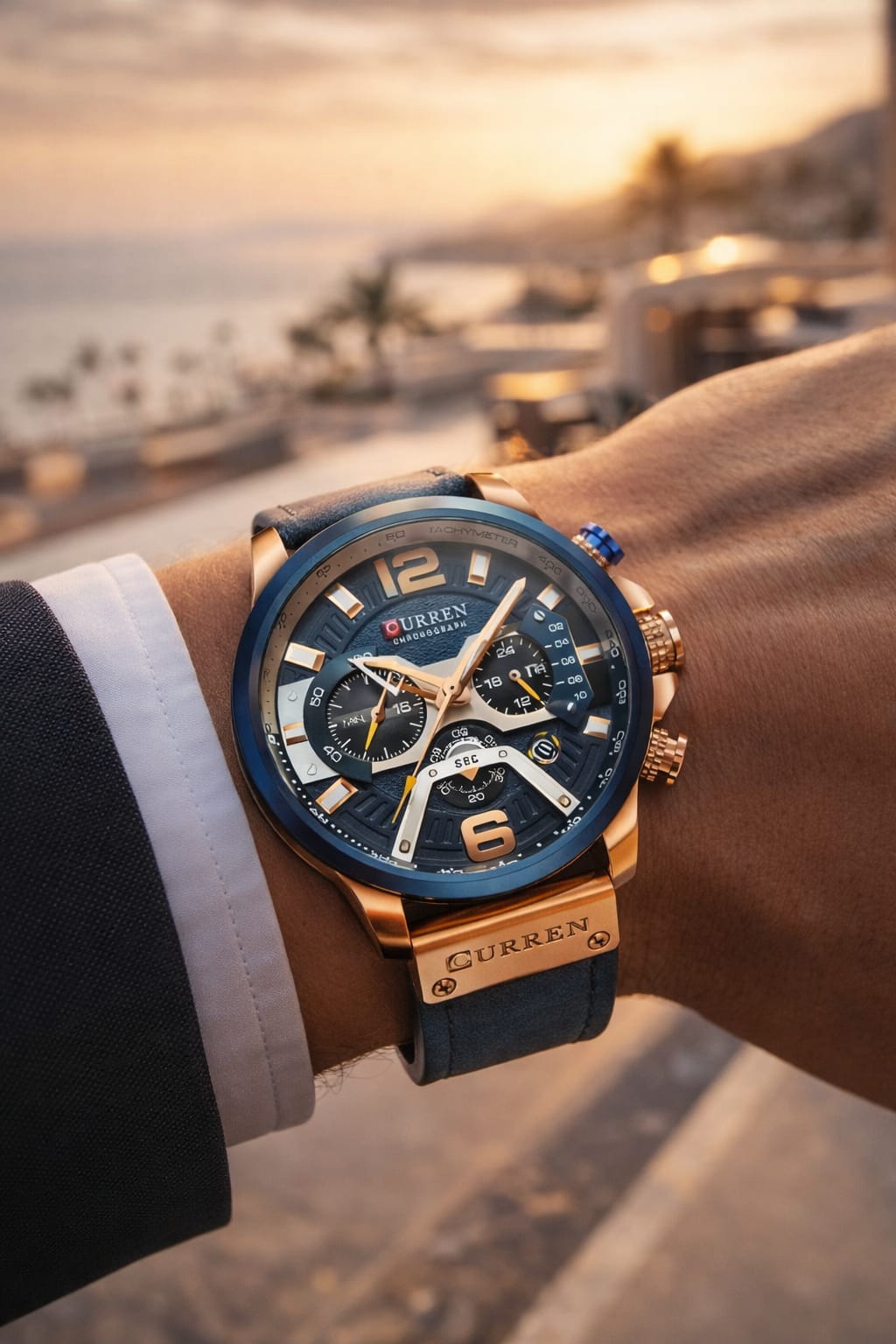 Relógio Curren Masculino Cronógrafo Azul e Dourado – Presença que Se Impõe