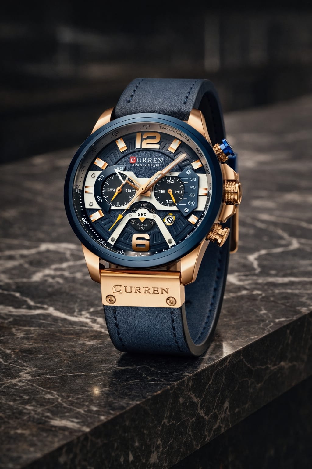 Relógio Curren Masculino Cronógrafo Azul e Dourado – Presença que Se Impõe