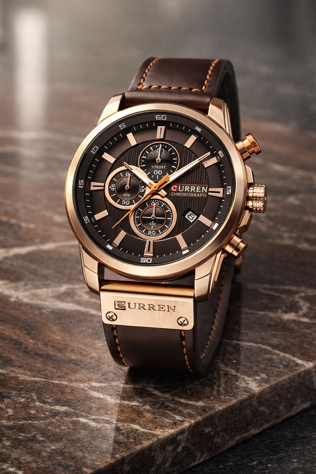 Relógio Curren Masculino Premium com couro marrom – Presença que se Respeita