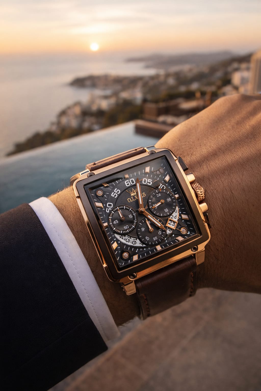 Relógio Masculino Cronógrafo Quadrado Dourado – Luxo e Presença Marcante