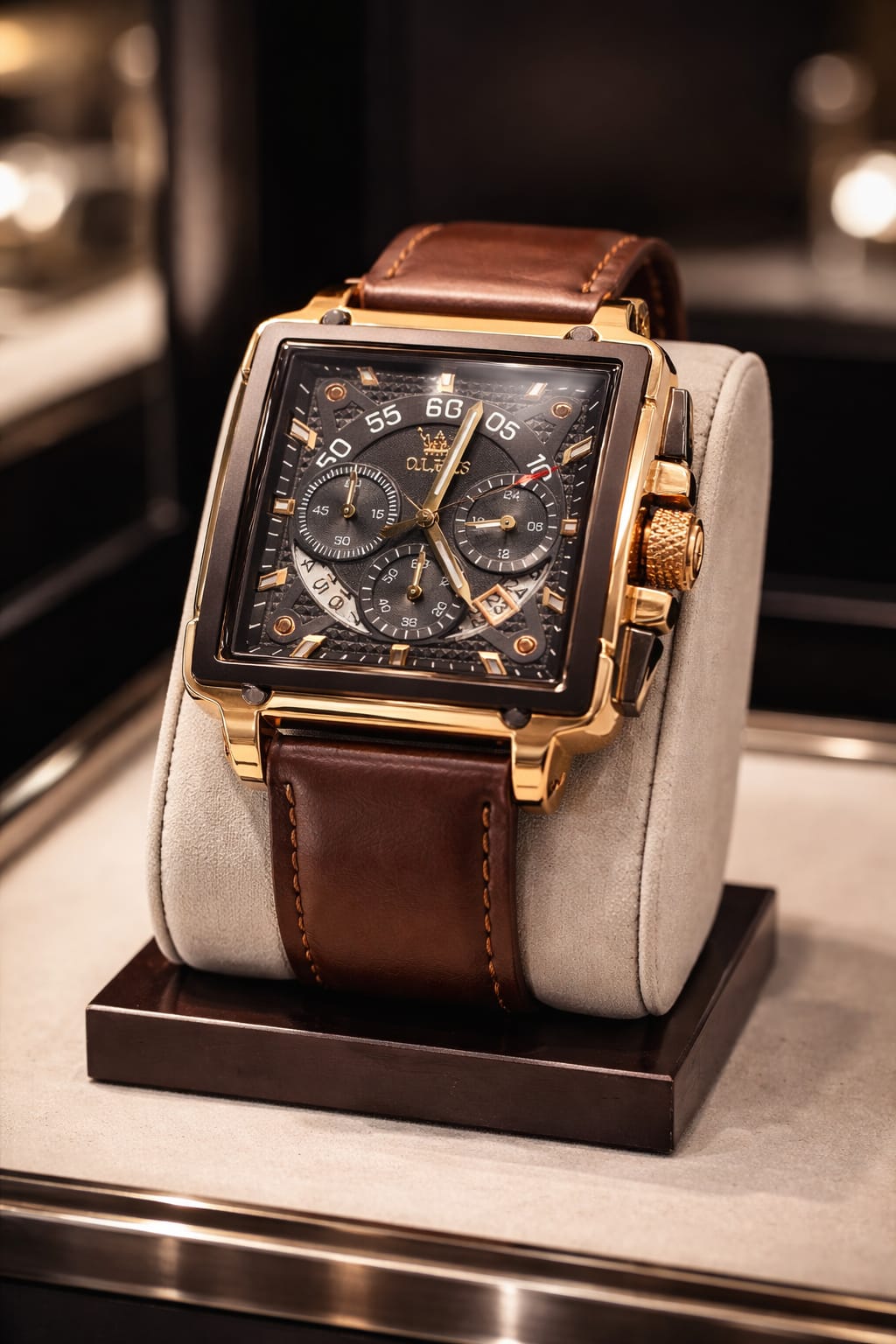 Relógio Masculino Cronógrafo Quadrado Dourado – Luxo e Presença Marcante