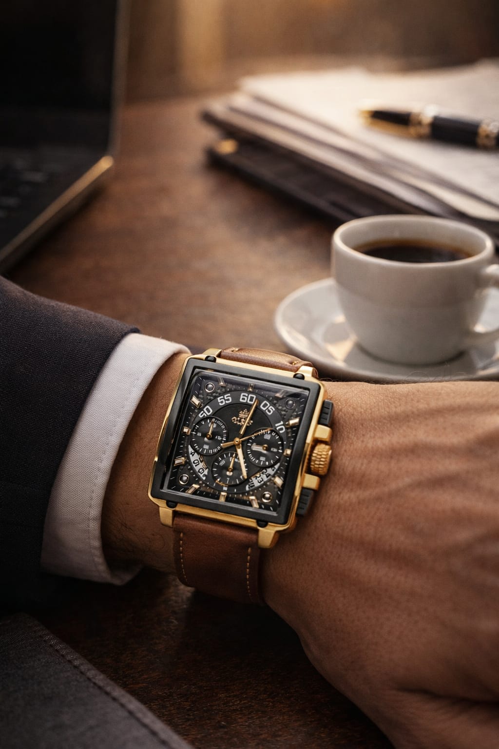 Relógio Masculino Cronógrafo Quadrado Dourado – Luxo e Presença Marcante